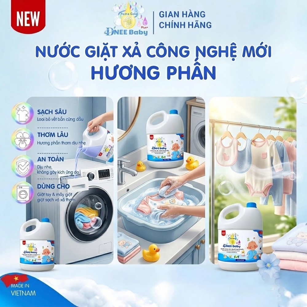 Nước Giặt Xả Cho Bé Dnee Baby 3L Chính Hãng | Dịu Nhẹ Cho Da Sơ Sinh, Mềm Vải, Lưu Hương, Giặt Xả 2in1
