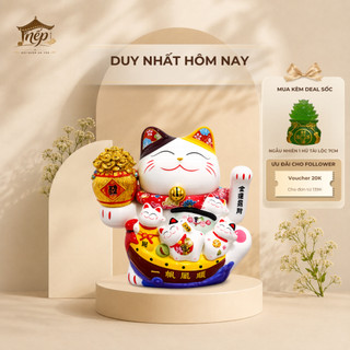 Mèo thần tài vẫy tay giữ túi tiền Thuận Buồm Xuôi Gió 17cm (trắng)