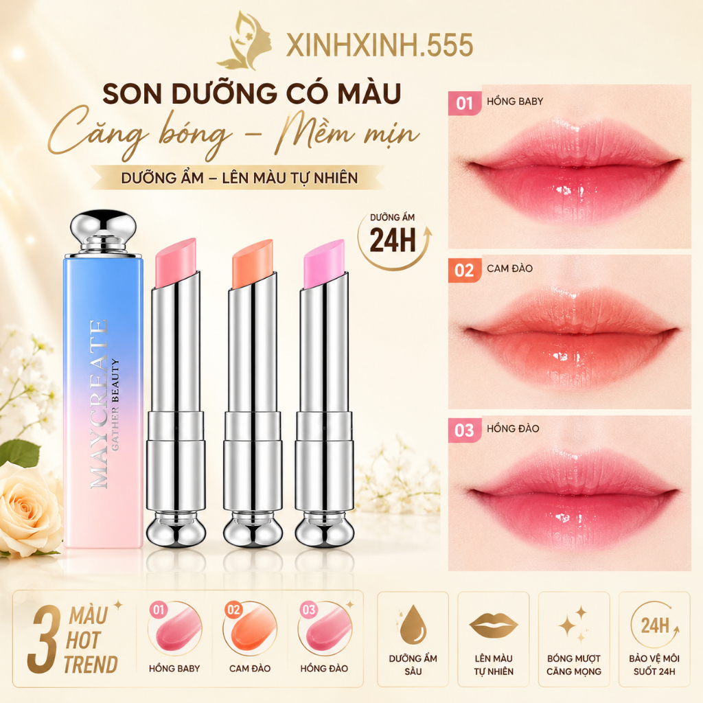 Son dưỡng môi,lâu trôi,dưỡng ẩm,giảm nếp nhăn,chống khô,nứt môi,cấp ẩm chuyên sâu,mềm mịn,chống nắng,ủ môi cho bà bầu.