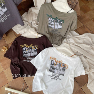 VMY Studio - Áo thun trễ vai tay ngắn in họa tiết trẻ trung, áo thun cổ tròn trễ vai trẻ trung năng động nữ