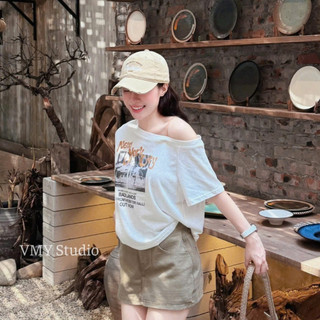 VMY Studio - Áo thun trễ vai tay ngắn in họa tiết trẻ trung, áo thun cổ tròn trễ vai trẻ trung năng động nữ