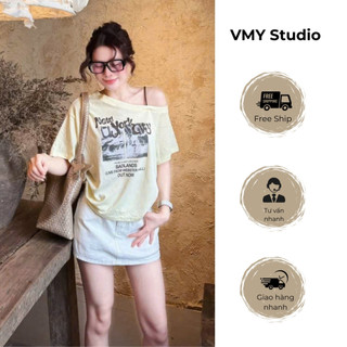 VMY Studio - Áo thun trễ vai tay ngắn in họa tiết trẻ trung, áo thun cổ tròn trễ vai trẻ trung năng động nữ