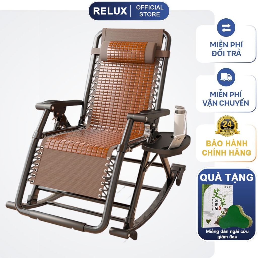 Ghế Bập Bênh Thư Giãn Gấp Gọn GOTEK Cao Cấp, Đệm Lưng Chiếu Trúc Mát Mẻ, Khung Thép Carbon Tặng Kèm Khay Để Đồ