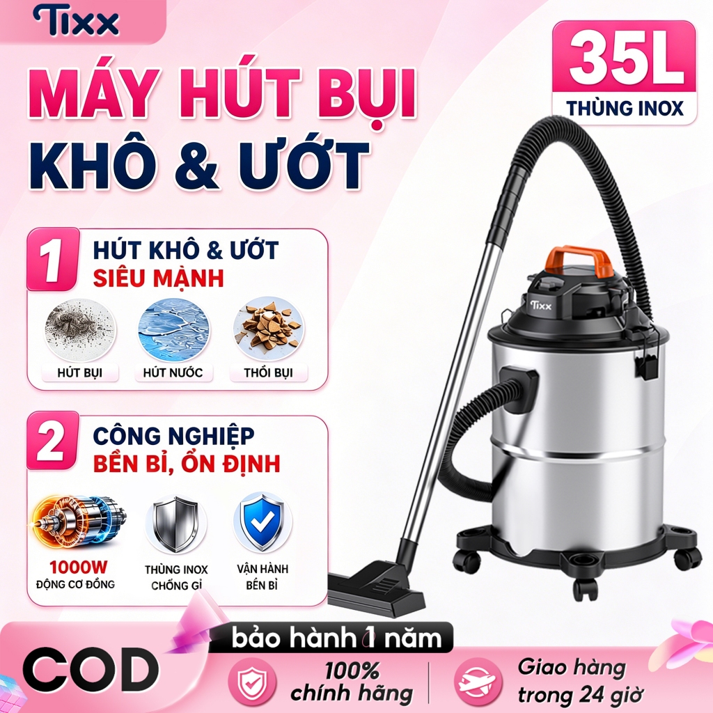 TIXX Máy hút bụi lực hút 30000PA hút được khô và ướt độ bền công nghiệp máy hút bụi công nghiệp Tặng bảo hành 1 năm