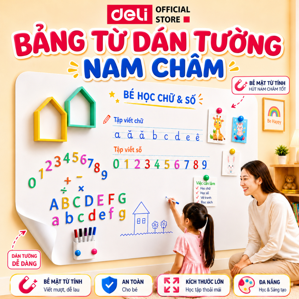 Bảng Từ Trắng Dán Tường Deli - Hút Nam Châm Viết Bút Lông Bảng Dày Dặn Nhiều Kích Thước