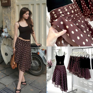 SEP House - Set áo 2s thun đen ôm phối chân váy tơ nâu chấm bi chéo tà trendy, cá tính - Ảnh thật
