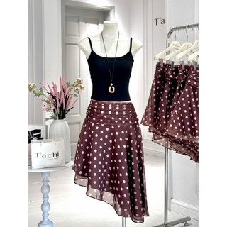SEP House - Set áo 2s thun đen ôm phối chân váy tơ nâu chấm bi chéo tà trendy, cá tính - Ảnh thật