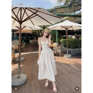 SEP House - Đầm midi hoa nhí dáng dài 2S cổ V viền lượm sóng cột nơ đan dây lưng dáng corset cổ điển - Ảnh thật