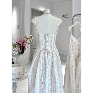 SEP House - Đầm midi hoa nhí dáng dài 2S cổ V viền lượm sóng cột nơ đan dây lưng dáng corset cổ điển - Ảnh thật