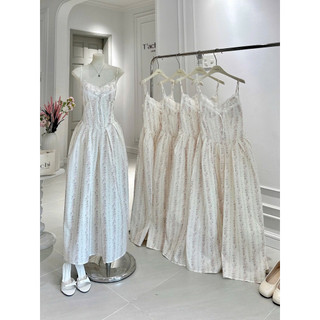 SEP House - Đầm midi hoa nhí dáng dài 2S cổ V viền lượm sóng cột nơ đan dây lưng dáng corset cổ điển - Ảnh thật
