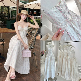SEP House - Đầm midi hoa nhí dáng dài 2S cổ V viền lượm sóng cột nơ đan dây lưng dáng corset cổ điển - Ảnh thật