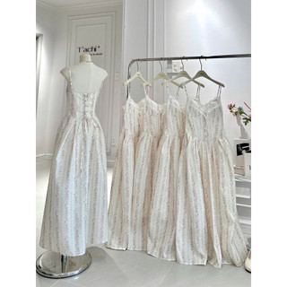 SEP House - Đầm midi hoa nhí dáng dài 2S cổ V viền lượm sóng cột nơ đan dây lưng dáng corset cổ điển - Ảnh thật