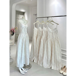 SEP House - Đầm midi hoa nhí dáng dài 2S cổ V viền lượm sóng cột nơ đan dây lưng dáng corset cổ điển - Ảnh thật