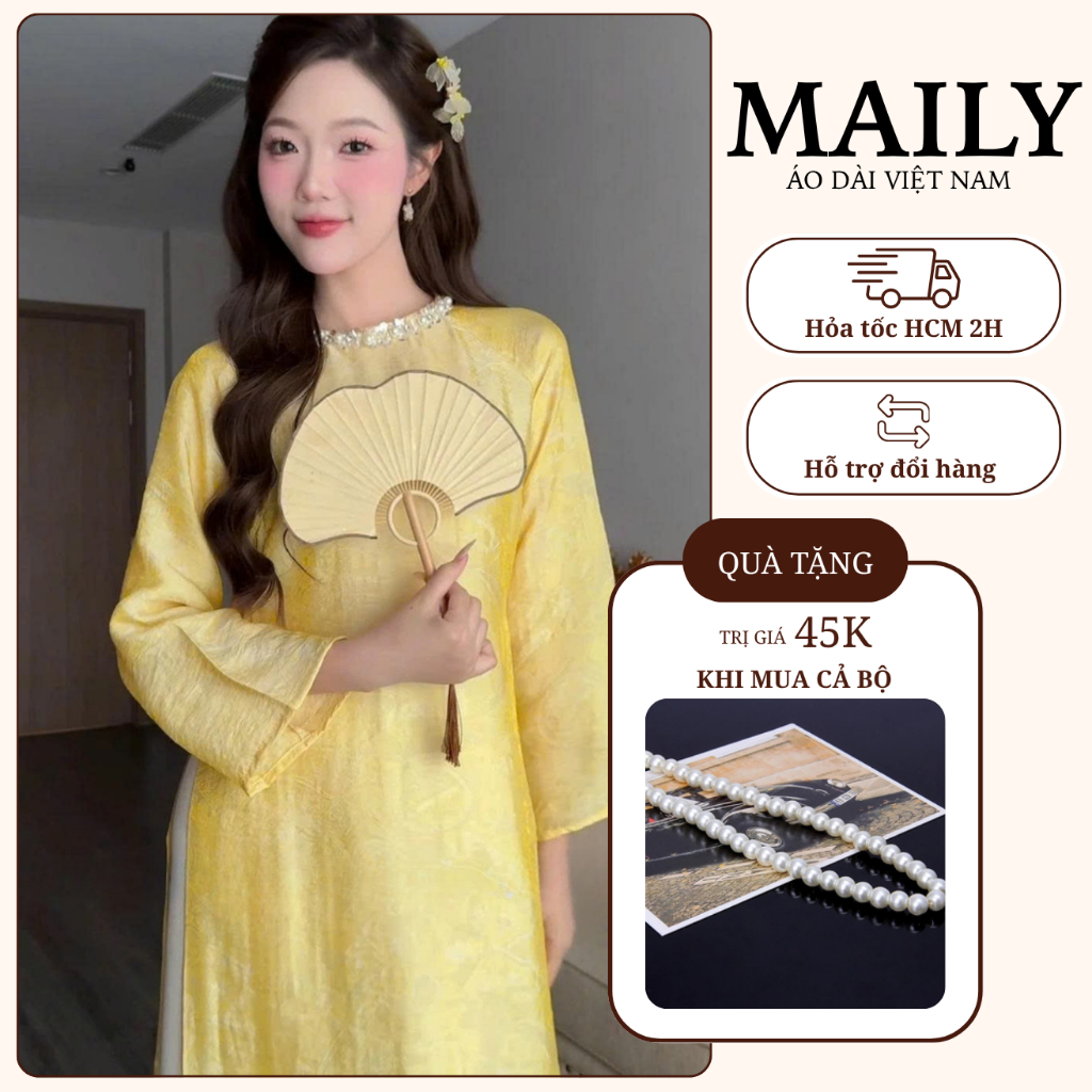 Áo Dài Tường Xuân Dáng Cách Tân Cổ Tròn Đính Ngọc Trang Nhã - ÁO DÀI MAILY