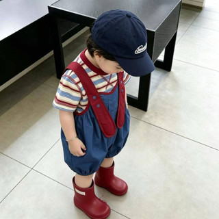 Set bộ quần yếm xanh kèm áo thun kẻ sọc đỏ phong cách hàn quốc cho bé