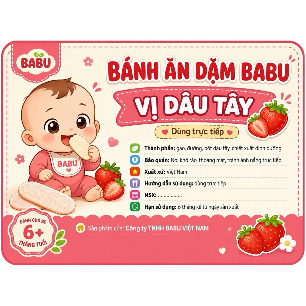 Bánh ăn dặm vị dâu tây sản phẩm từ gạo dành cho bé từ 6 tháng đến 3 tuổi