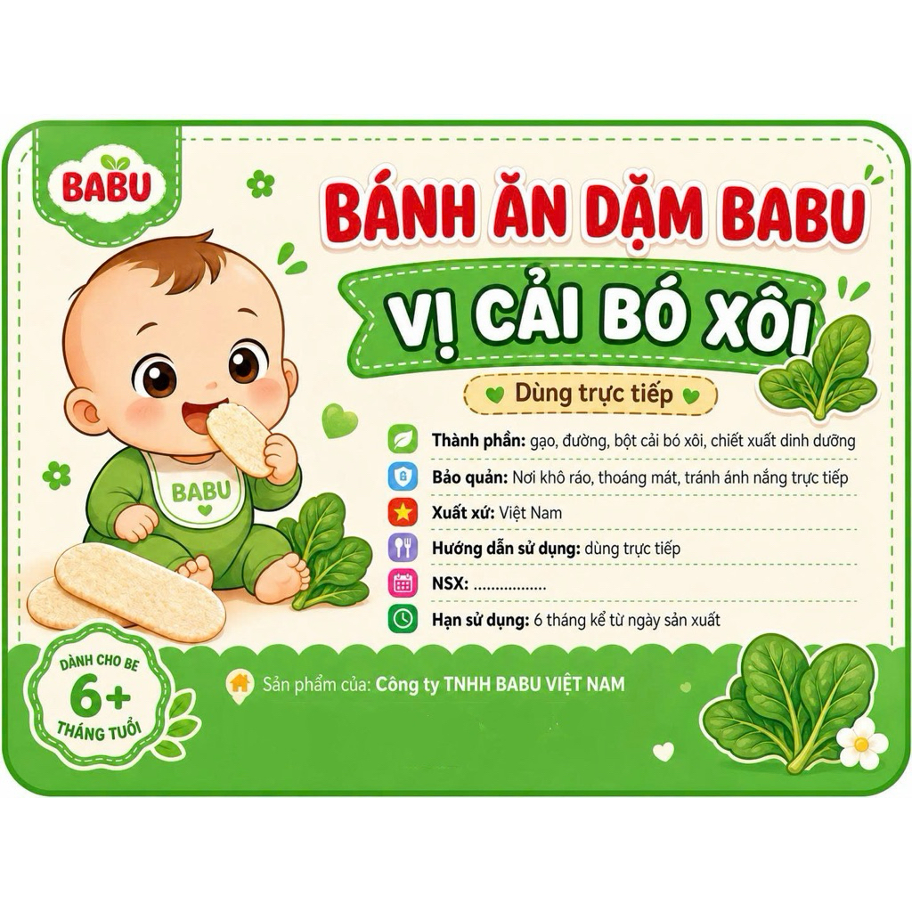 Bánh ăn dặm vị cải bó xôi nguyên liệu tự nhiên an toàn lành tính dành cho bé từ 6 tháng đến 3 tuổi