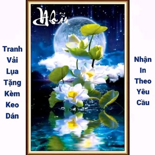 Tranh 3D hoa sen dán tường phòng thờ, phòng khách, phòng làm việc, tranh in trên chất liệu vải lụa (tặng kèm keo dán)