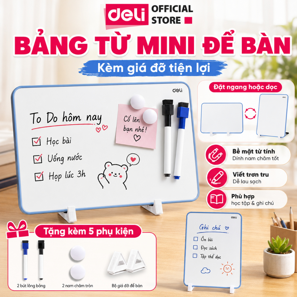 [VOUCHER 50K] Bảng Từ Trắng 2 Mặt Để Bàn Deli Bảng Từ Tính Học Sinh Văn Phòng Bảng Từ Viết Bút Lông Nhiều Kích Thước