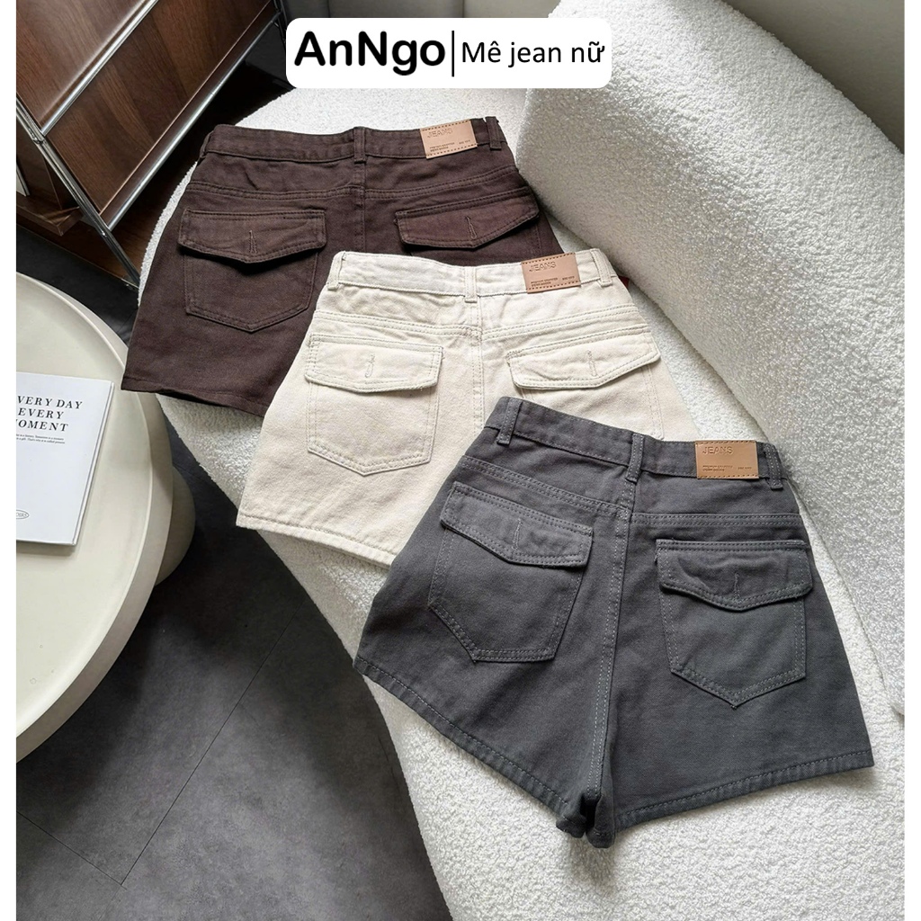 (Có big size) Quần short jean nữ ống rộng nắp túi sau cá tính, chất jean không dãn Anngo - AT565