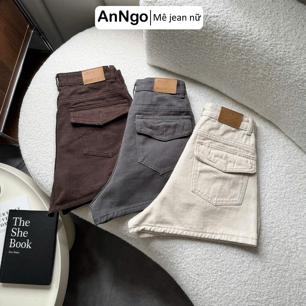 (Có big size) Quần short jean nữ ống rộng nắp túi sau cá tính, chất jean không dãn Anngo - AT565