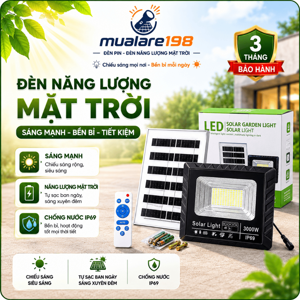 Đèn năng lượng mặt trời công suất 3000W, IP69 chống nước khi lắp đặt ngoài trời , tự động bật tắt dễ dàng lắp đặt