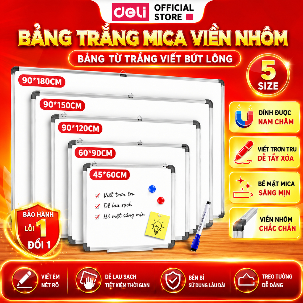 Bảng Từ Trắng Viết Bút Lông Nhiều KT Chính Hãng DELI - Bảng Trắng Mica Viền Nhôm Bo 4 Góc Dùng Cho Học Sinh Văn Phòng