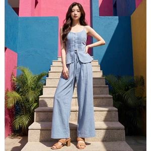 Femei - Set áo 2 quần ống suông rộng có chun sau co giãn thoải mái set đồ đi biển set đồ nữ mùa hè - FEMEI