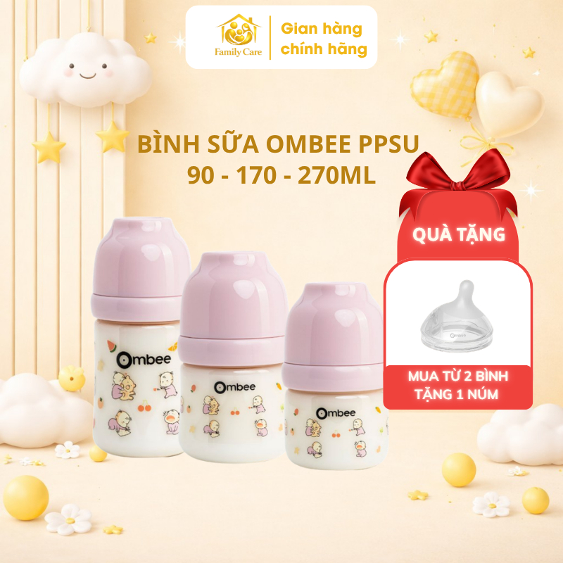Bình Sữa Ombee Chất Liệu PPSU Phiên Bản Angel Chống Sặc Chống Đầy Hơi Núm Ti Mềm Cổ Rộng - FamilyCare Store