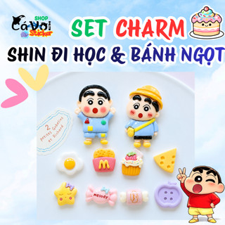 Set Charm Shin Đi Học Và Bánh Ngọt Cute Pastel Kawaii Dễ Thương Melody Cupcake Trứng Ốp La Khoai Chiên Phô Mai