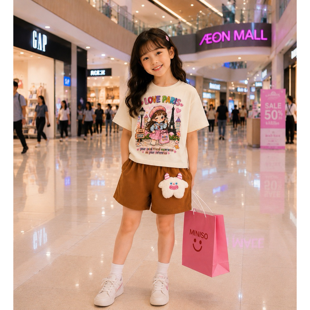 Bộ quần Short style Hàn Quốc  kèm thú cài cho bé gái 30-46kg( tặng 10 khẩu trang
