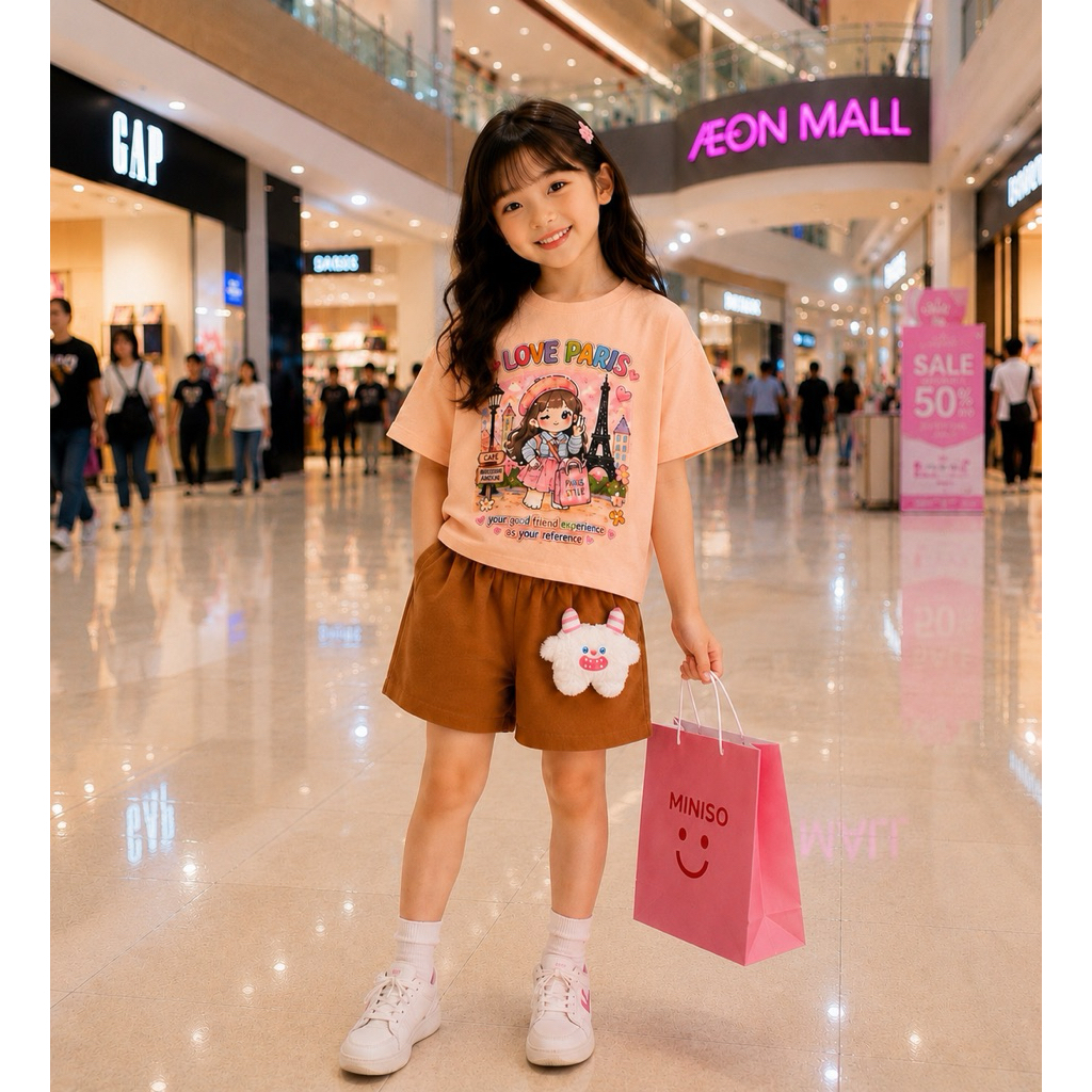 Bộ quần Short style Hàn Quốc  kèm thú cài cho bé gái 30-46kg( tặng 10 khẩu trang