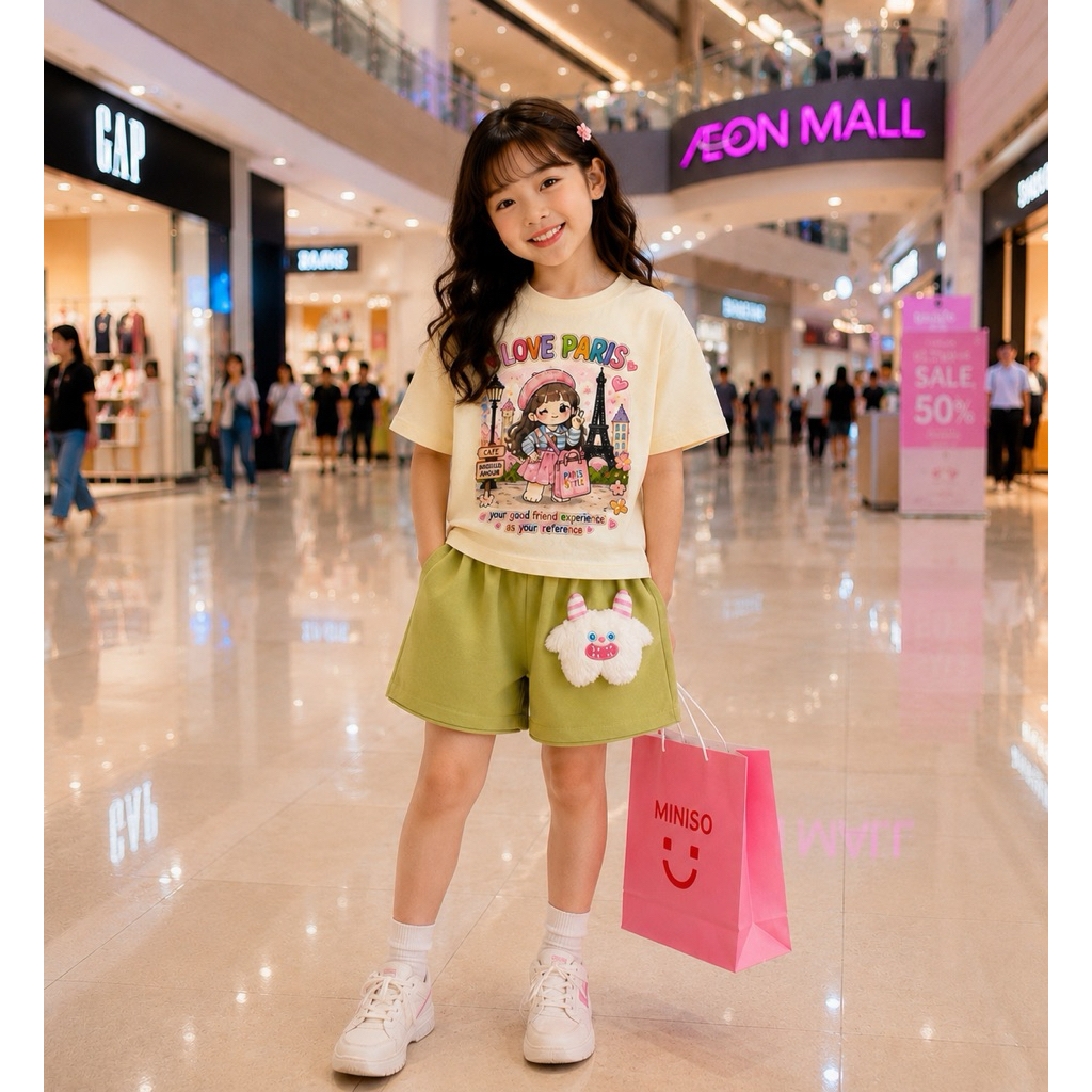 Bộ quần Short style Hàn Quốc  kèm thú cài cho bé gái 30-46kg( tặng 10 khẩu trang