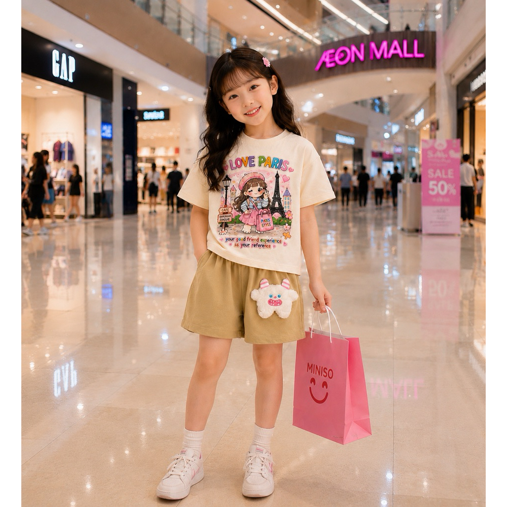 Bộ quần Short style Hàn Quốc  kèm thú cài cho bé gái 30-46kg( tặng 10 khẩu trang