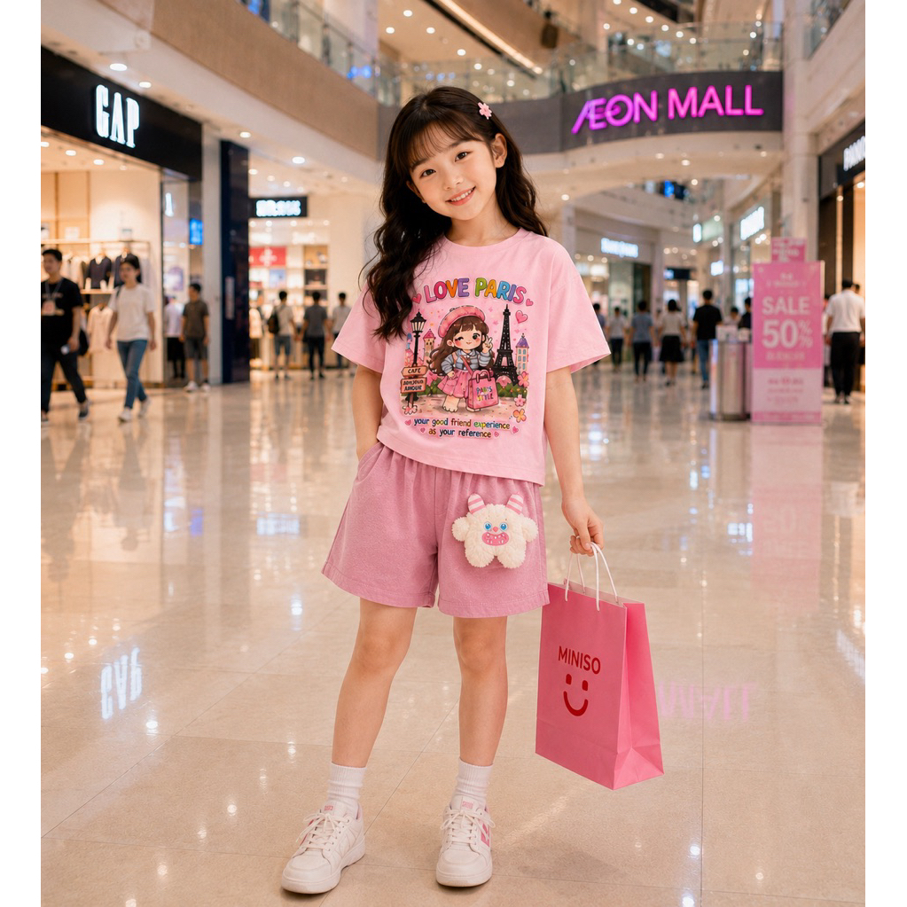 Bộ quần Short style Hàn Quốc  kèm thú cài cho bé gái 30-46kg( tặng 10 khẩu trang