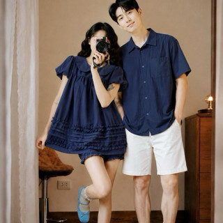 (S - 89) Set đồ đôi nam nữ couple set váy cổ sen babydoll kèm quần và áo sơmi nam tay cộc( không quần nam)chất gió nhăn
