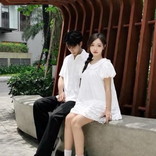(S - 89) Set đồ đôi nam nữ couple set váy cổ sen babydoll kèm quần và áo sơmi nam tay cộc( không quần nam)chất gió nhăn