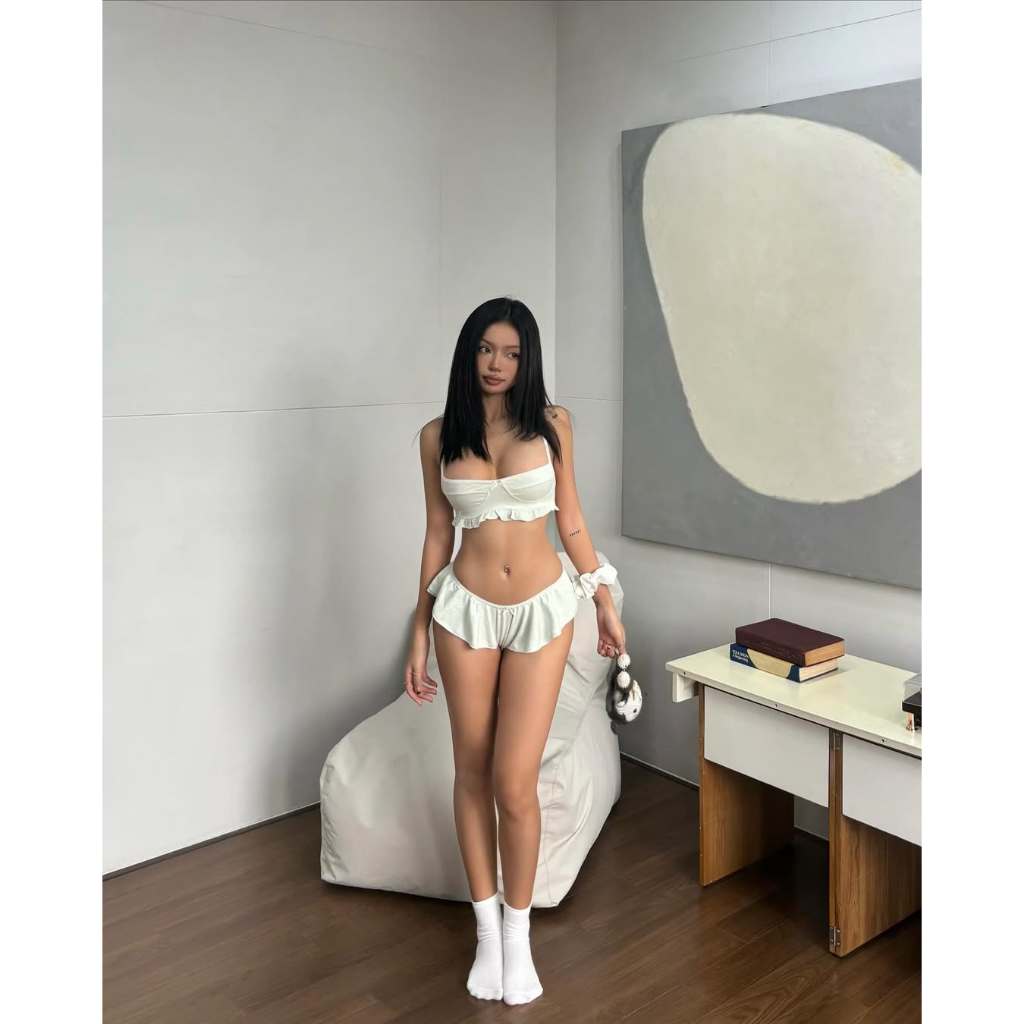 [Tặng miếng dán ngực] 2Soonsumff Set 2 món áo bra hai dây kèm quần lót lưng chun phối ren sexy, bộ đồ ngủ gợi cảm