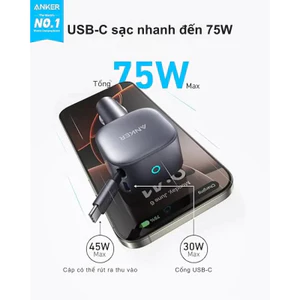 Tẩu Sạc Ô Tô Anker Nano 1C 75W A2738 Cáp Rút USB C Tự Cuộn Siêu Nhanh Cho Xe Hơi Cao Cấp Chính Hãng Bảo Hành 18 Tháng