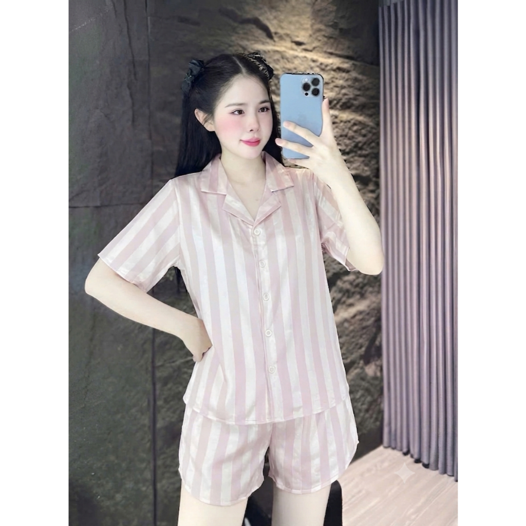 [40-60kg] Đồ Bộ Nữ Mặc Nhà Pijama Lụa Latin Sọc Tay Ngắn Quần Ngắn Mềm Mại Bền Màu Thoáng Mát CC01