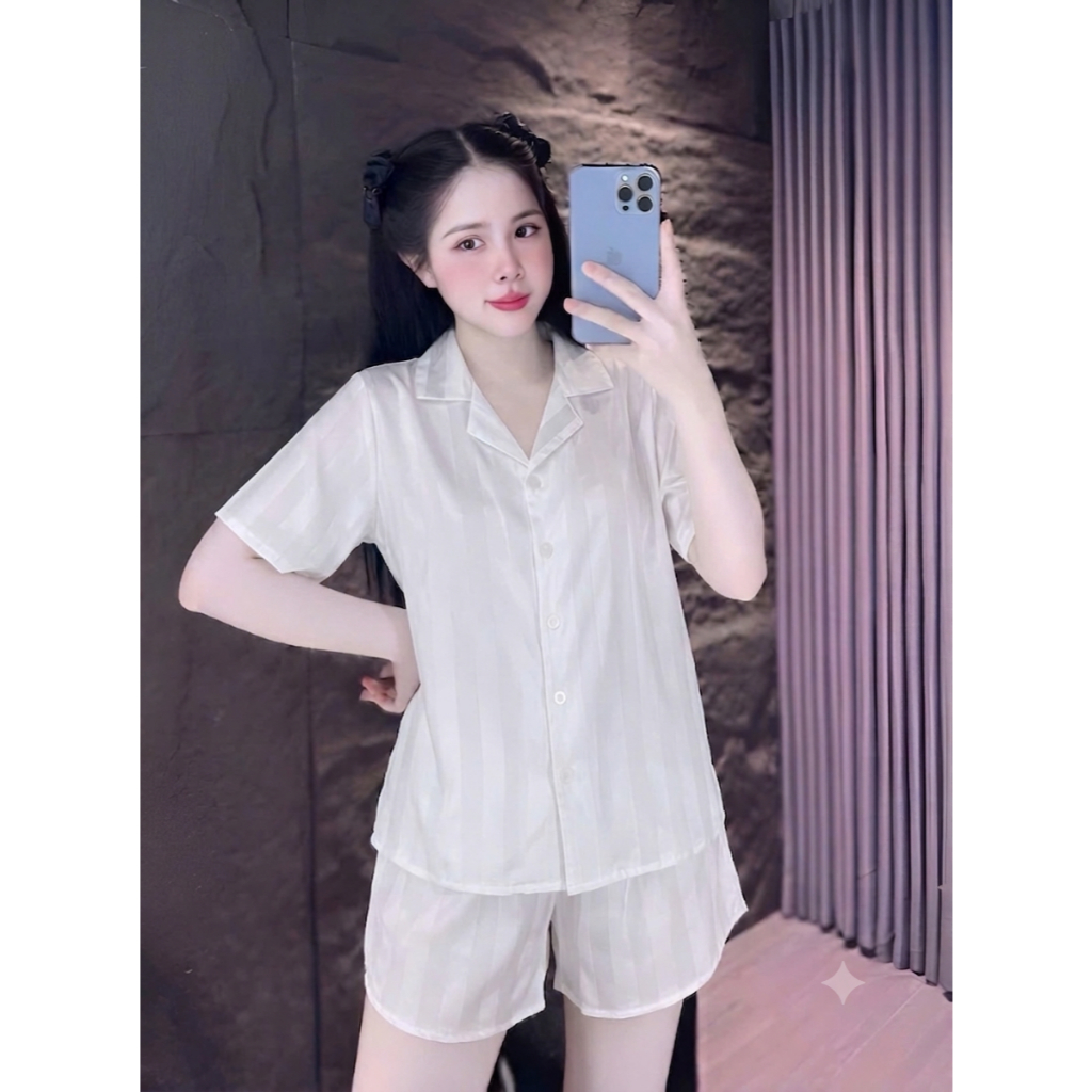 [40-60kg] Đồ Bộ Nữ Mặc Nhà Pijama Lụa Latin Sọc Tay Ngắn Quần Ngắn Mềm Mại Bền Màu Thoáng Mát CC01