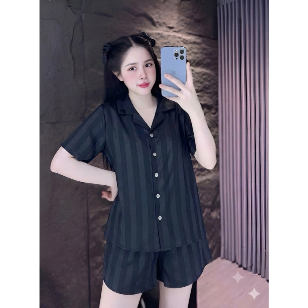 [40-60kg] Đồ Bộ Nữ Mặc Nhà Pijama Lụa Latin Sọc Tay Ngắn Quần Ngắn Mềm Mại Bền Màu Thoáng Mát CC01