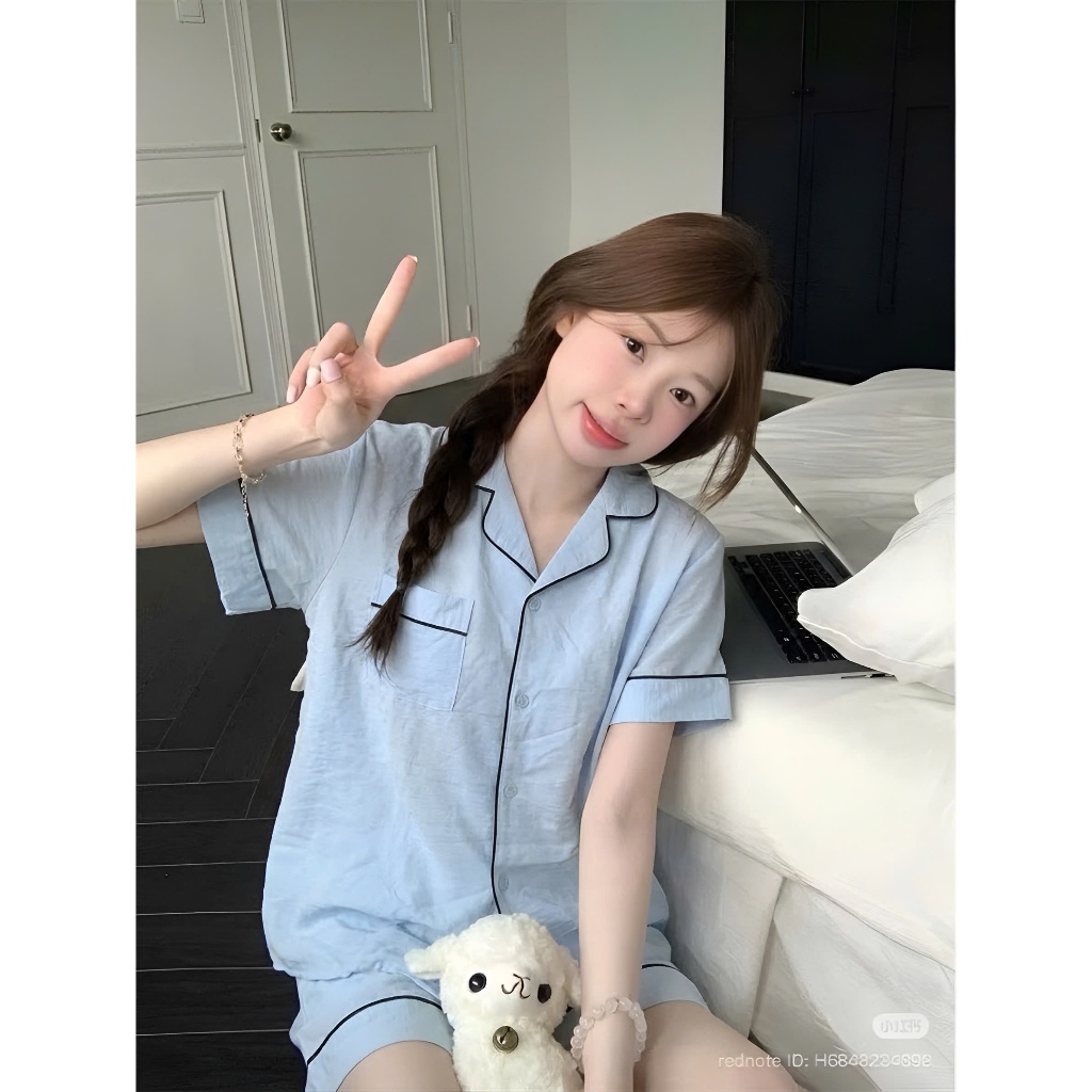 Bộ Đồ Ngủ Pijama Đùi Nữ Mặc Nhà Cộc Tay Trơn Màu Cổ Cánh Sen Chất Lụa Cotton Mềm Mịn Cao Cấp CC02