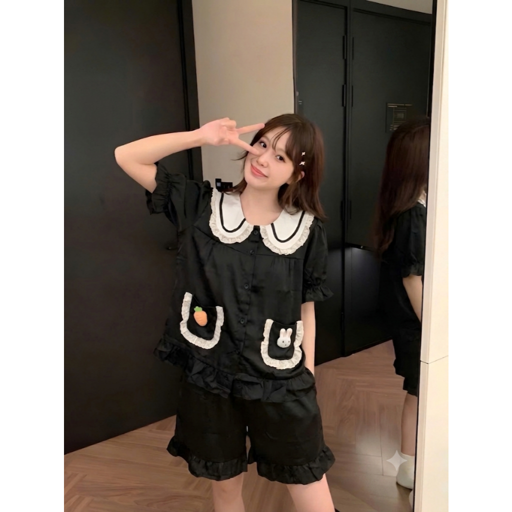 Bộ Đồ Ngủ Pijama Đùi Nữ Mặc Nhà Cộc Tay Trơn Màu Cổ Cánh Sen Chất Lụa Cotton Mềm Mịn Cao Cấp CC02