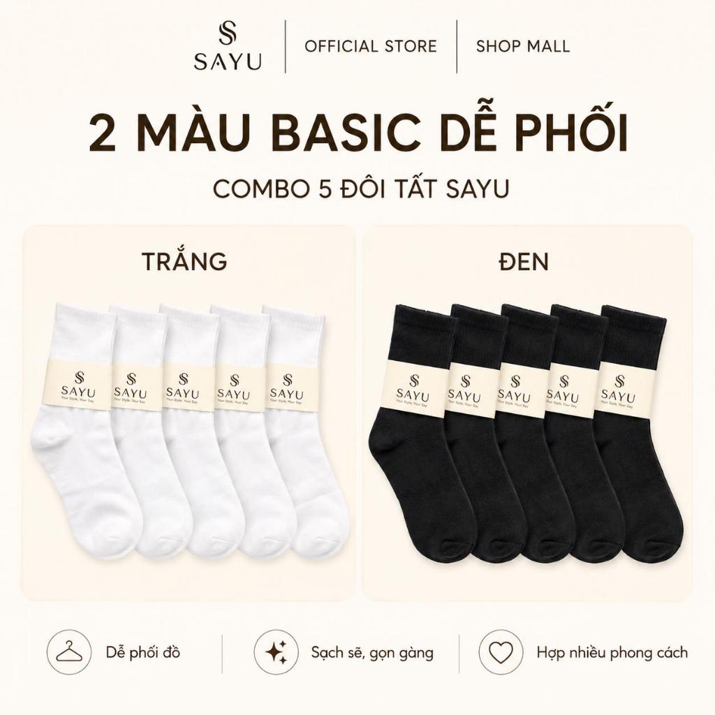 Combo 5 Đôi Tất Vớ Nam Nữ Cổ Cao Poly Spandex Kháng Khuẩn Khử Mùi Cao Cấp Hộp Kraft SAYU