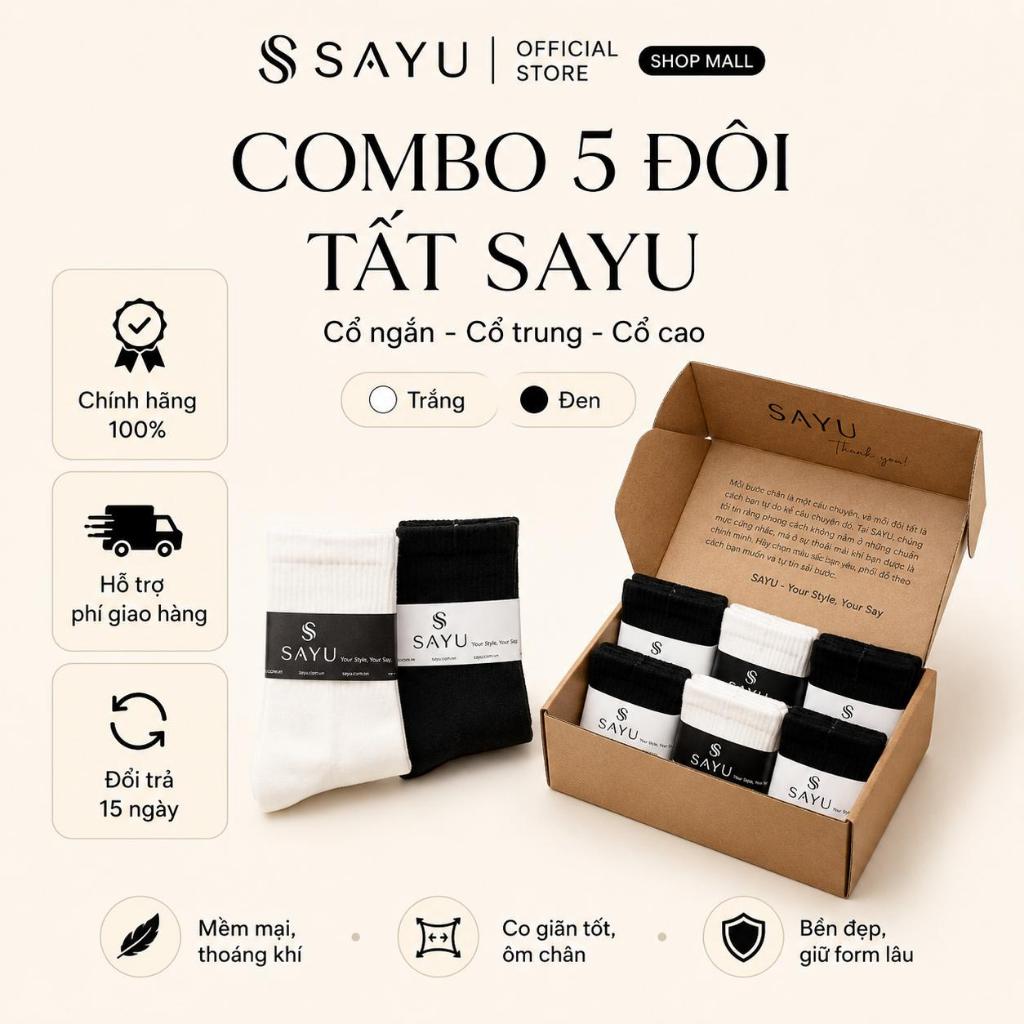 Combo 5 Đôi Vớ Trơn Unisex Nam Nữ SAYU Basic Cao Cấp Đủ Dáng Cổ Ngắn Trung Cao