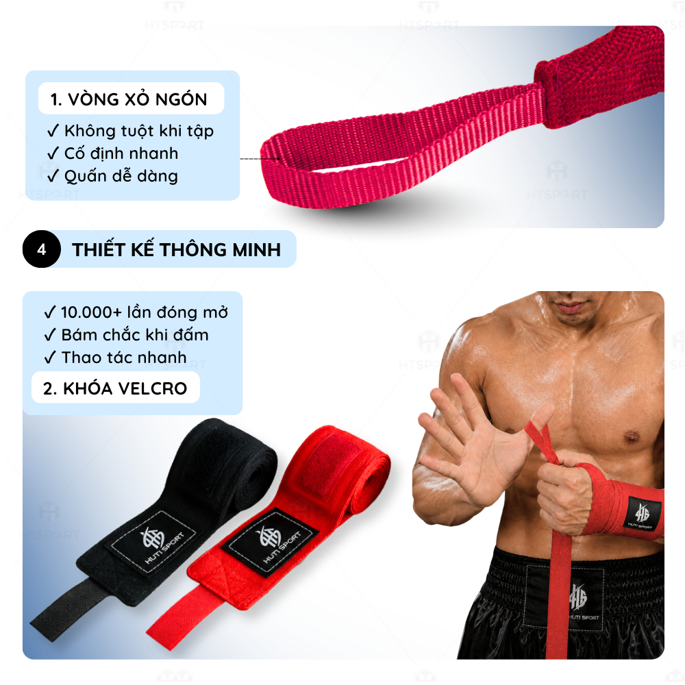 Băng Đa Boxing Quấn Tay HUTI SPORT, Đai Quấn Bảo Vệ Tập Luyện Muay Thái Đấm Bốc Võ Thuật Nam Nữ Trẻ Em