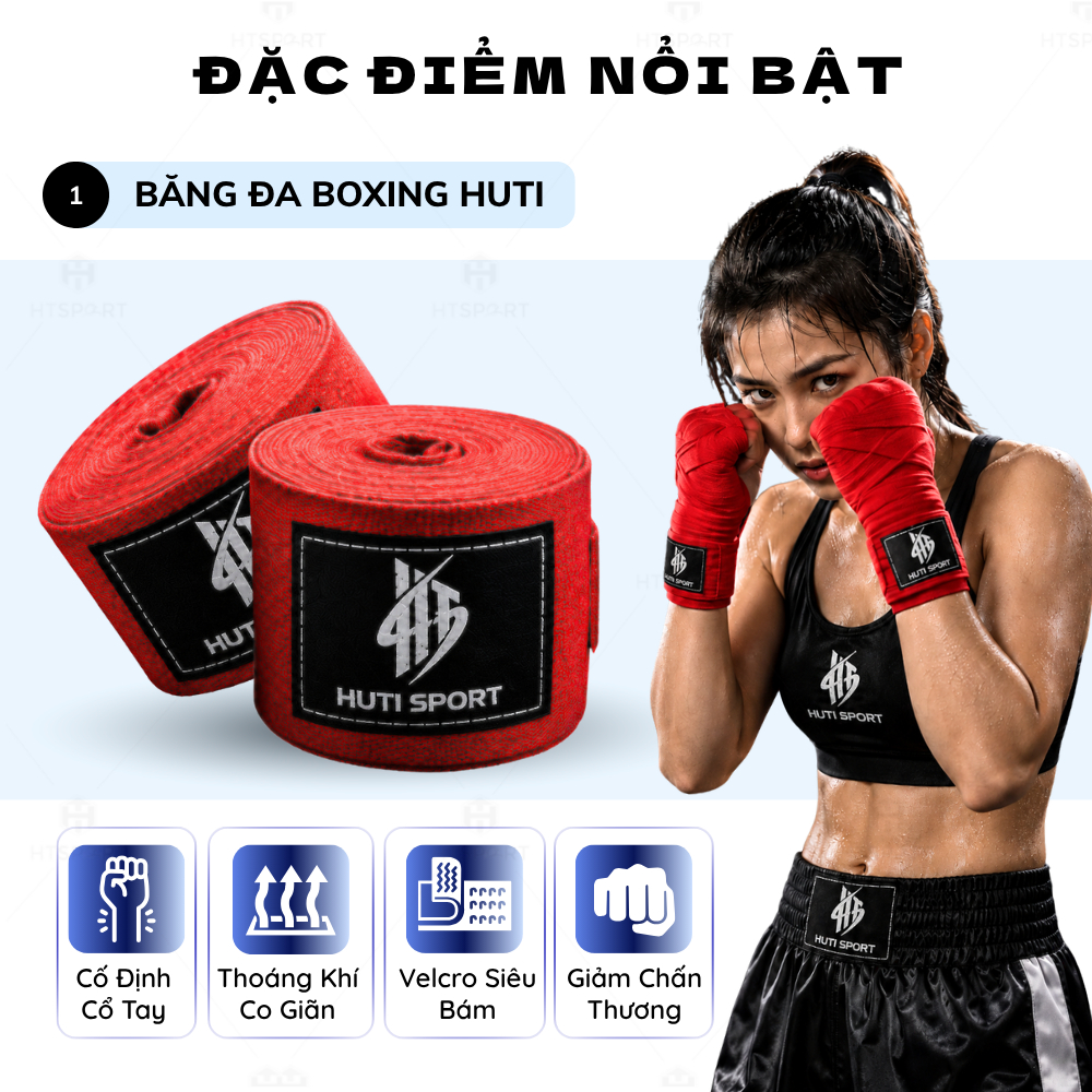 Băng Đa Boxing Quấn Tay HUTI SPORT, Đai Quấn Bảo Vệ Tập Luyện Muay Thái Đấm Bốc Võ Thuật Nam Nữ Trẻ Em