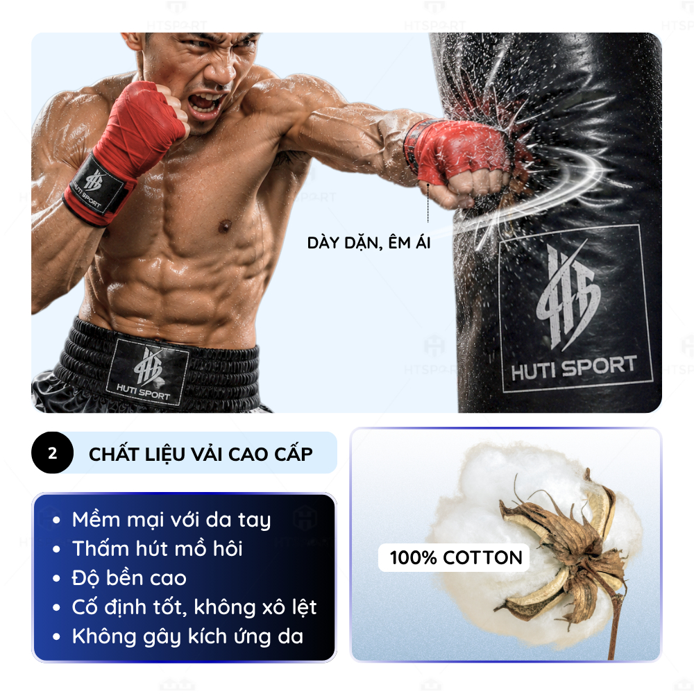 Băng Đa Boxing Quấn Tay HUTI SPORT, Đai Quấn Bảo Vệ Tập Luyện Muay Thái Đấm Bốc Võ Thuật Nam Nữ Trẻ Em