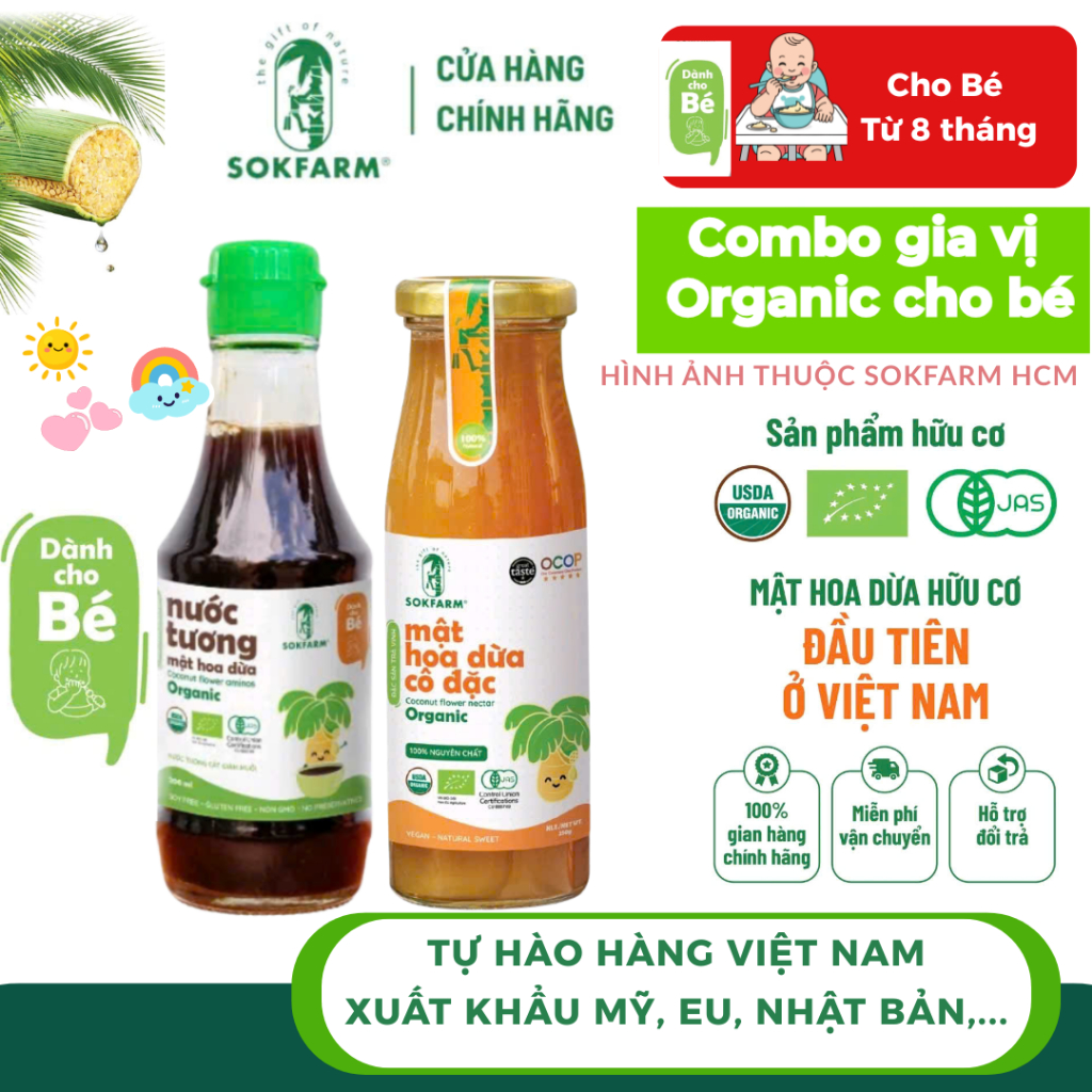 [CHO BÉ] Combo Nước Tương + Mật Hoa Dừa Organic Sokfarm không chất bảo quản, không gluten, an toàn